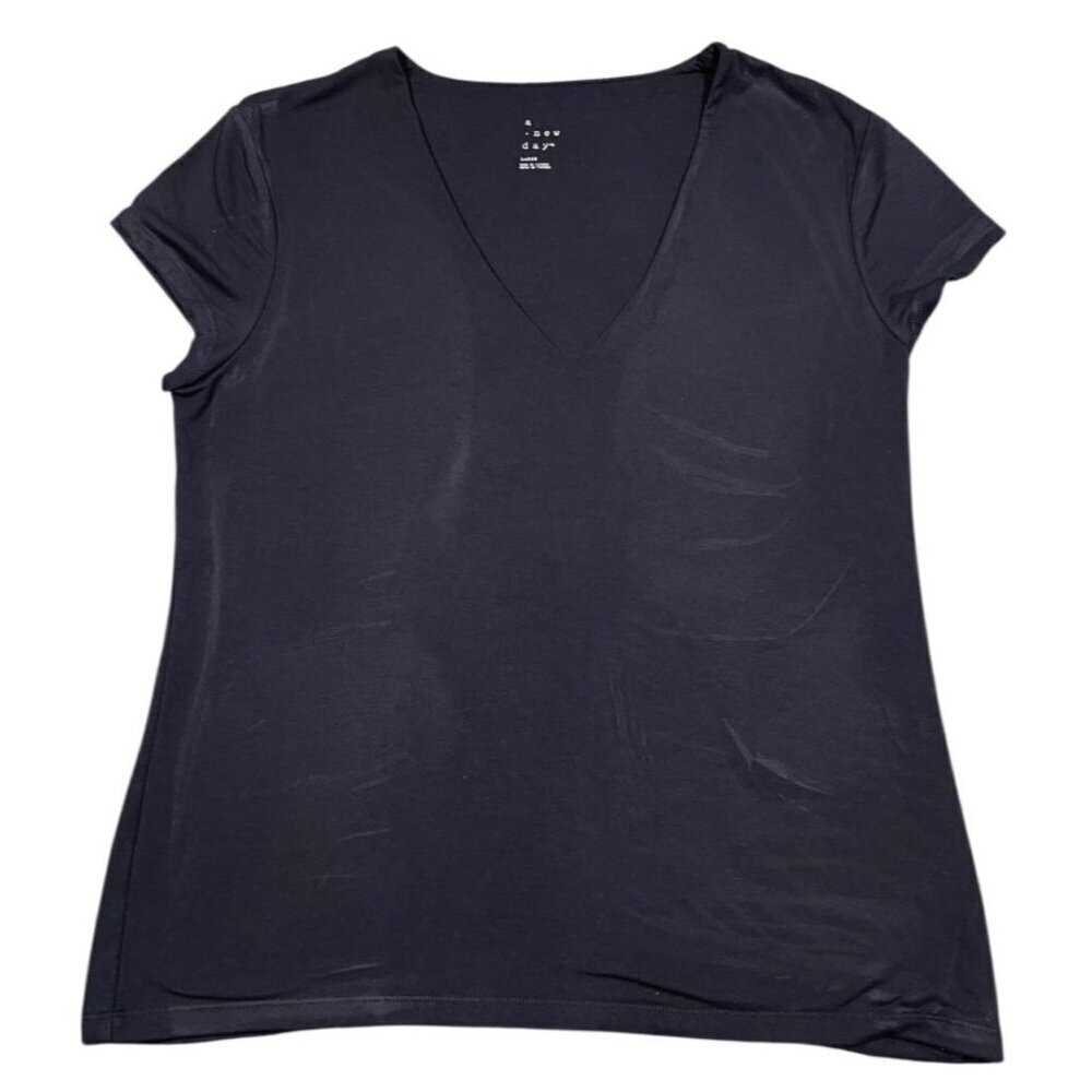 A New Day Women's Black V-Neck Double Layered Tee SIZE-LARGE